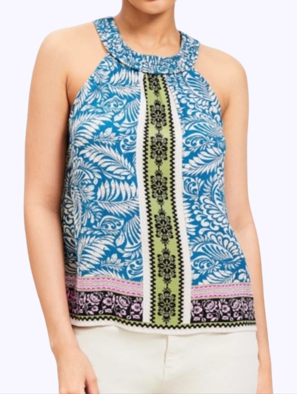 Loft Tribal Sleeveless Blue Patterned Halter Top Ikat Green Trim Size Large New